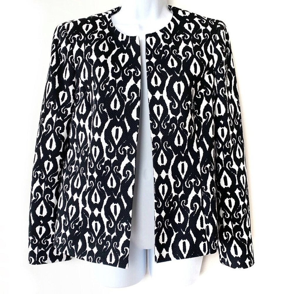 Kasper Suit Jacket Blazer Black & White Print Open‎ Front Women's Size 8